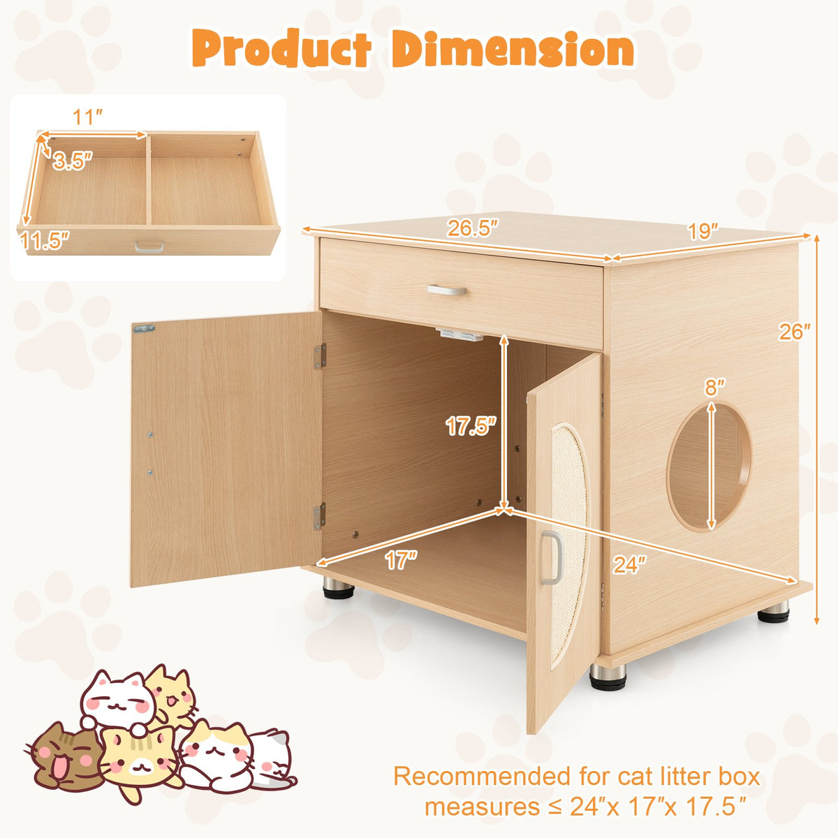 Cat Litter Box Enclosure with Sisal Scratching Doors and Storage-Natural view 5