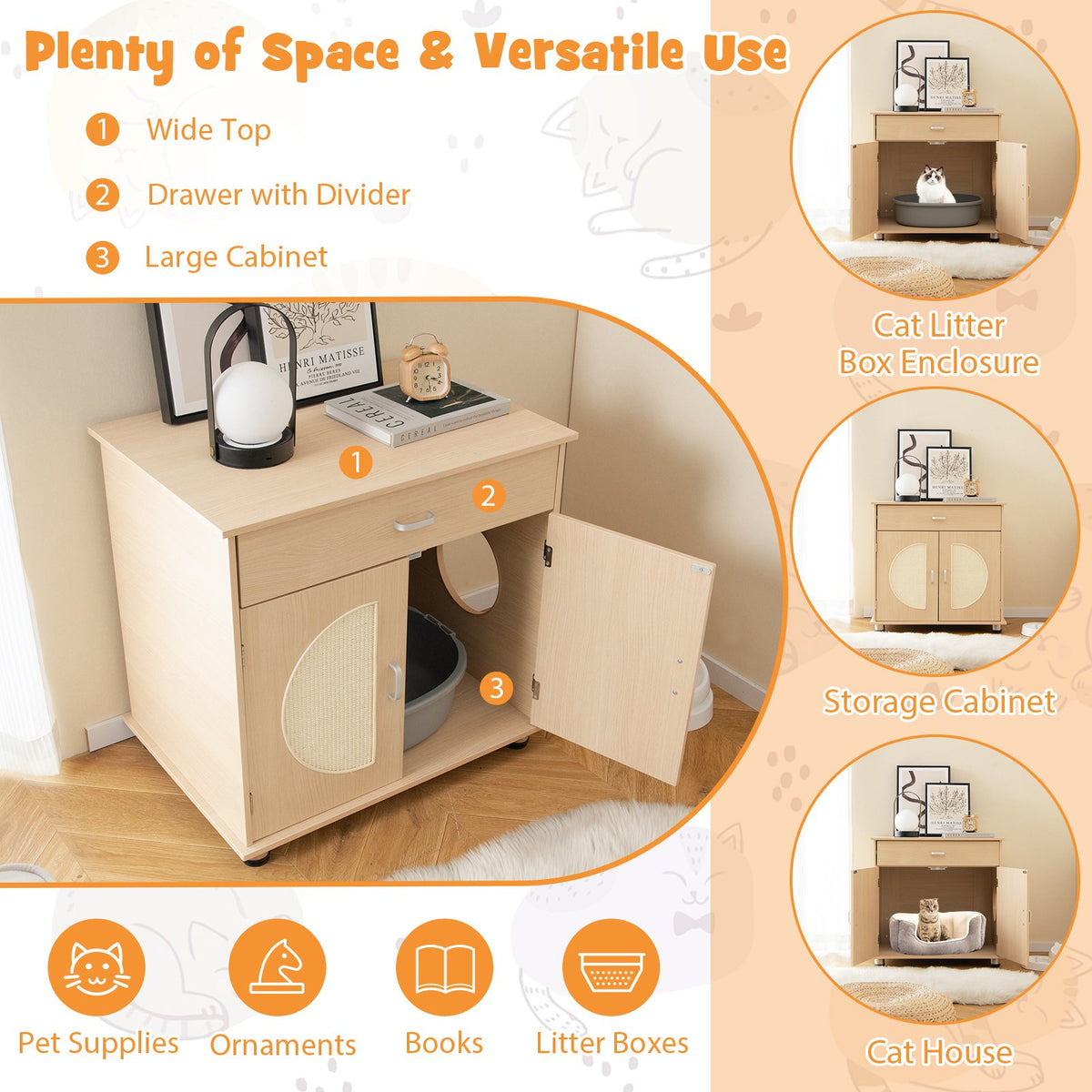 Cat Litter Box Enclosure with Sisal Scratching Doors and Storage-Natural view 8