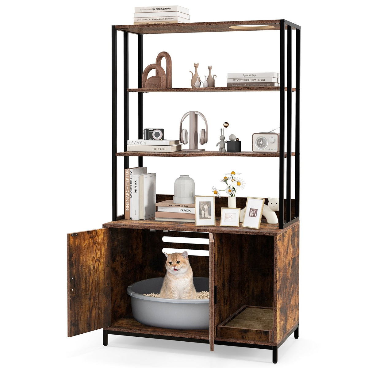 Cat Litter Box Enclosure with Storage and 3-tier Shelves-Rustic Brown view 4