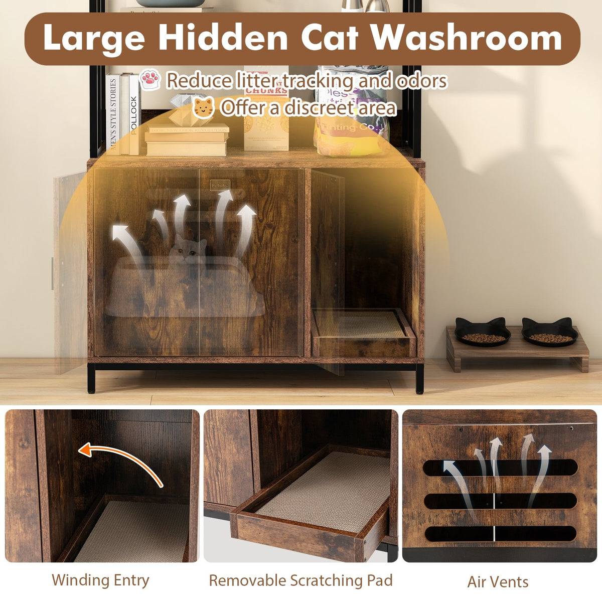 Cat Litter Box Enclosure with Storage and 3-tier Shelves-Rustic Brown view 7
