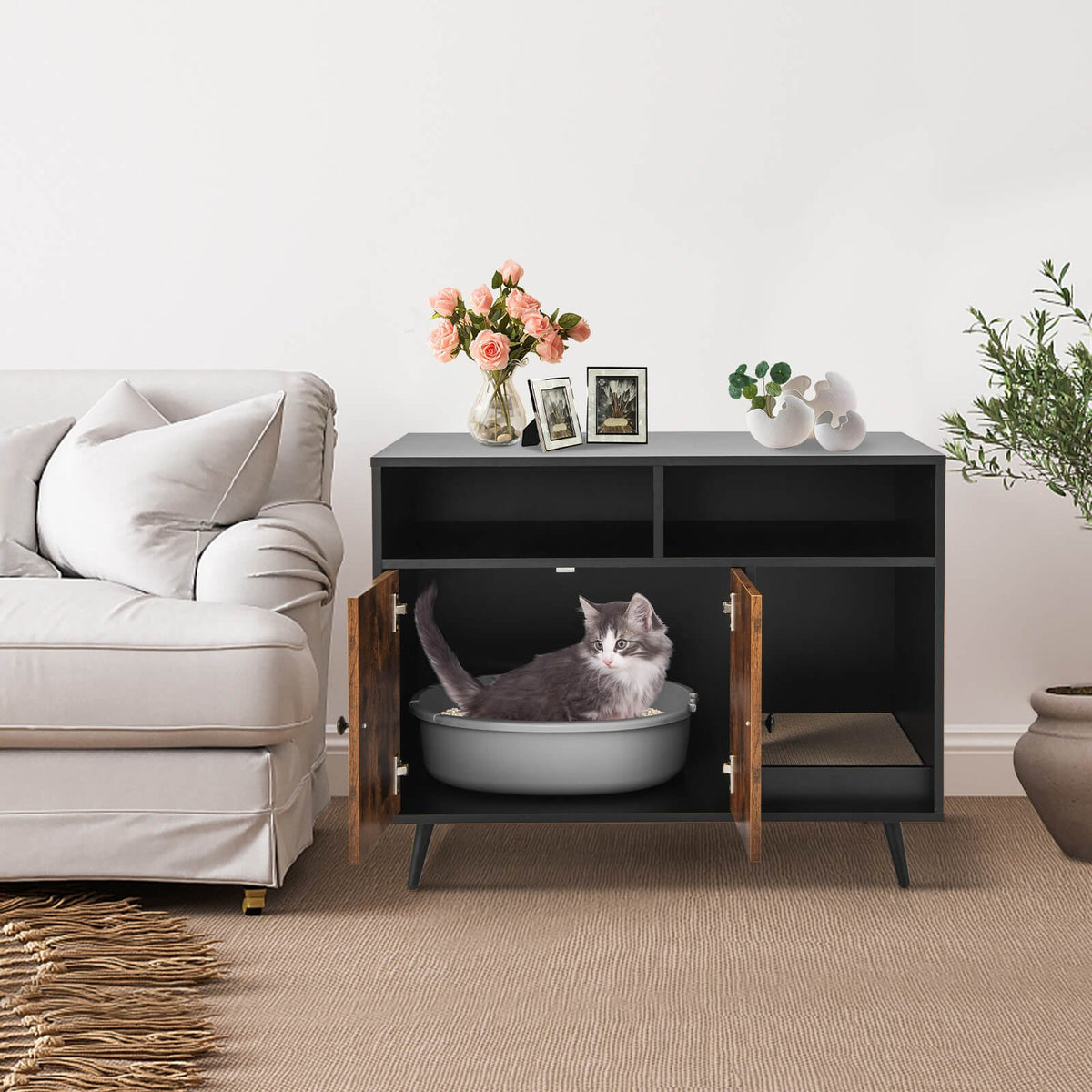 Cat Litter Box Enclosure with Storage Compartments and Pet Scratcher view 4