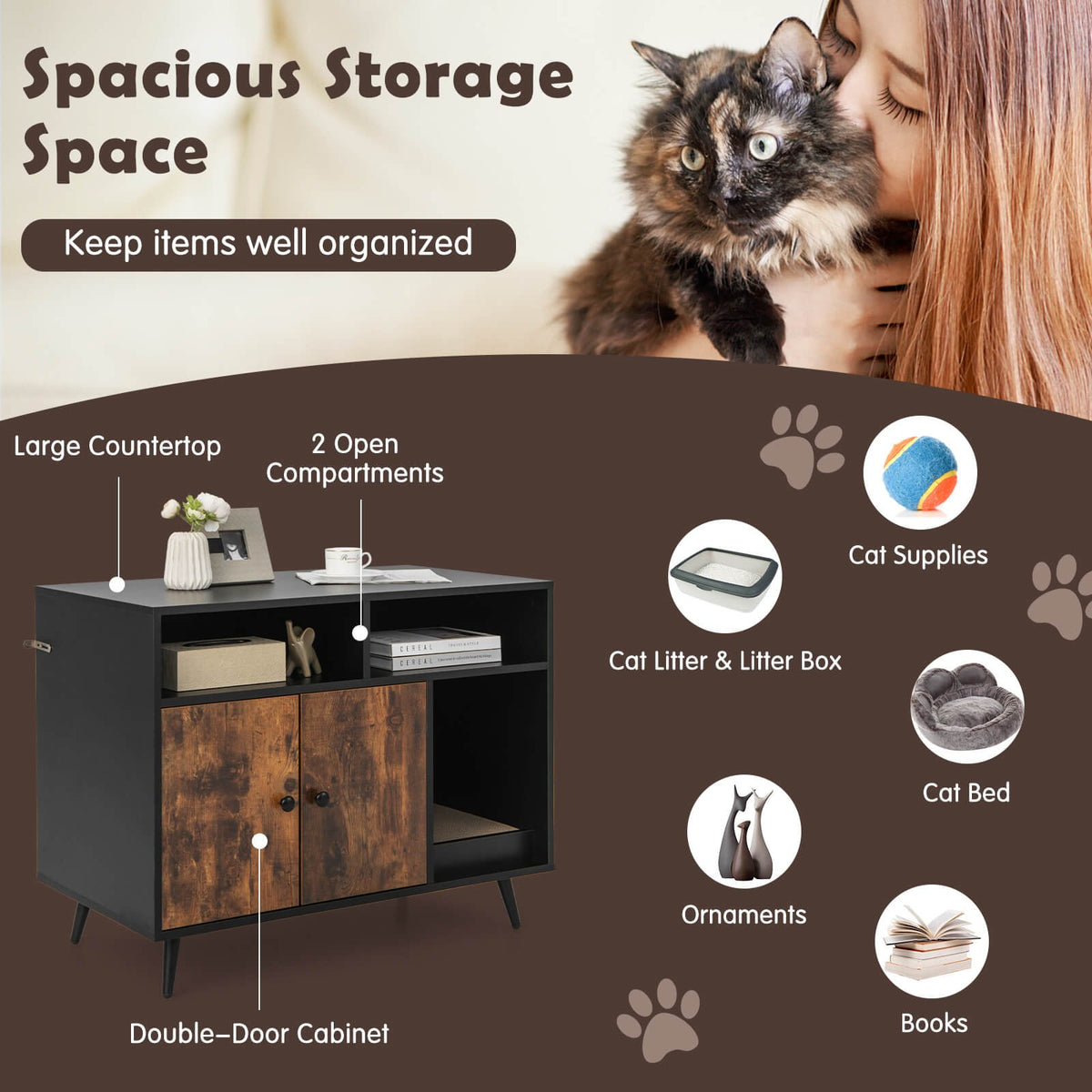 Cat Litter Box Enclosure with Storage Compartments and Pet Scratcher view 6
