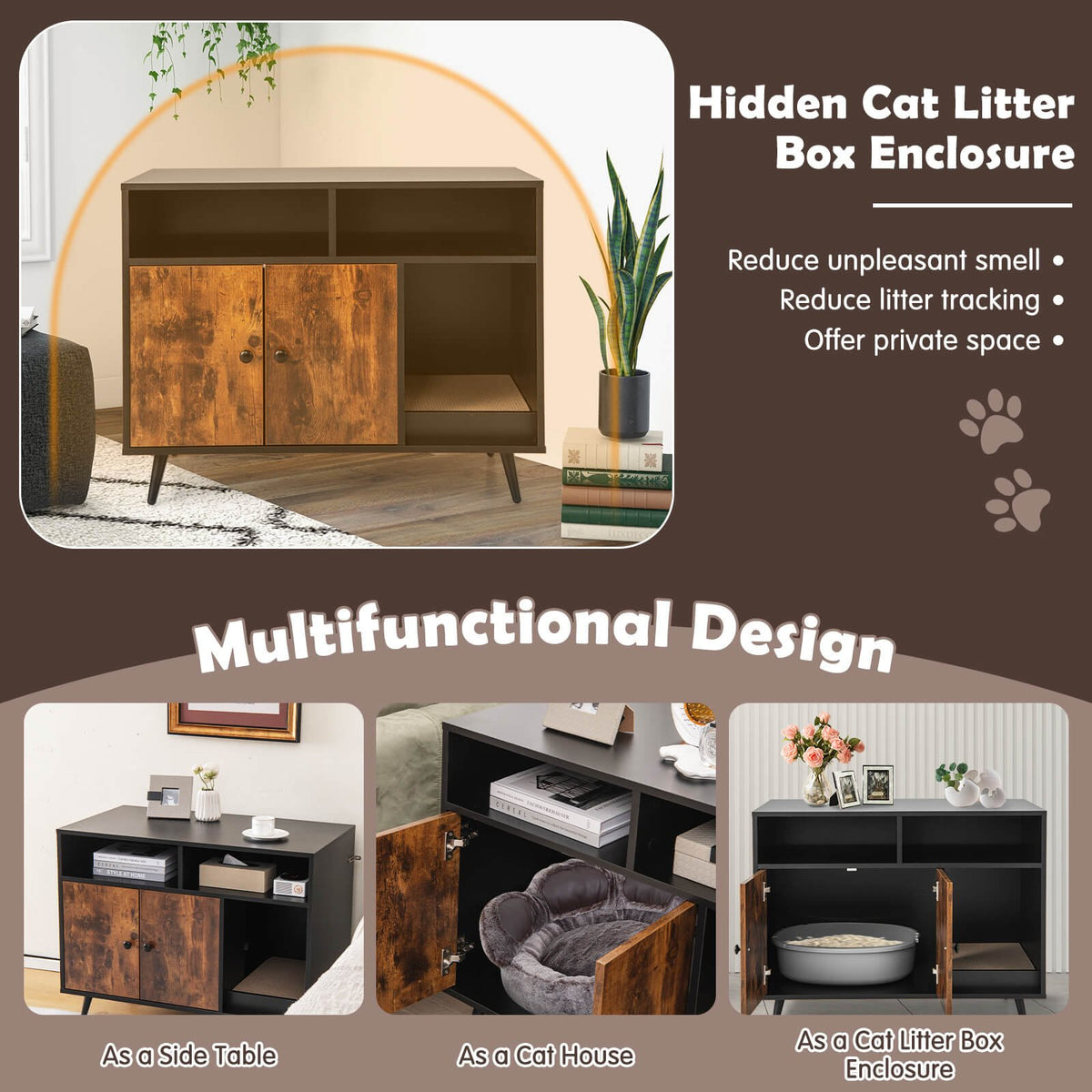 Cat Litter Box Enclosure with Storage Compartments and Pet Scratcher view 8