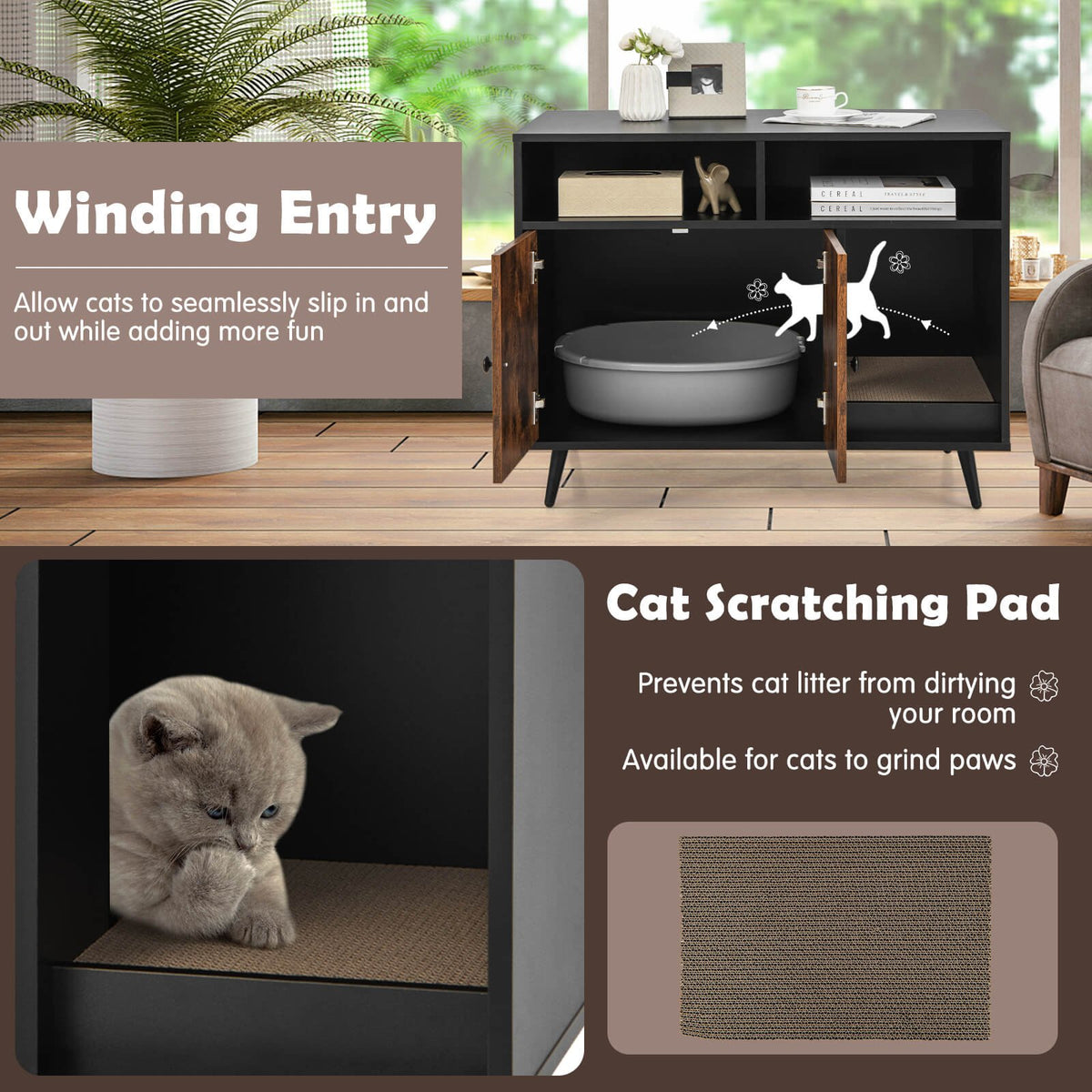 Cat Litter Box Enclosure with Storage Compartments and Pet Scratcher view 9