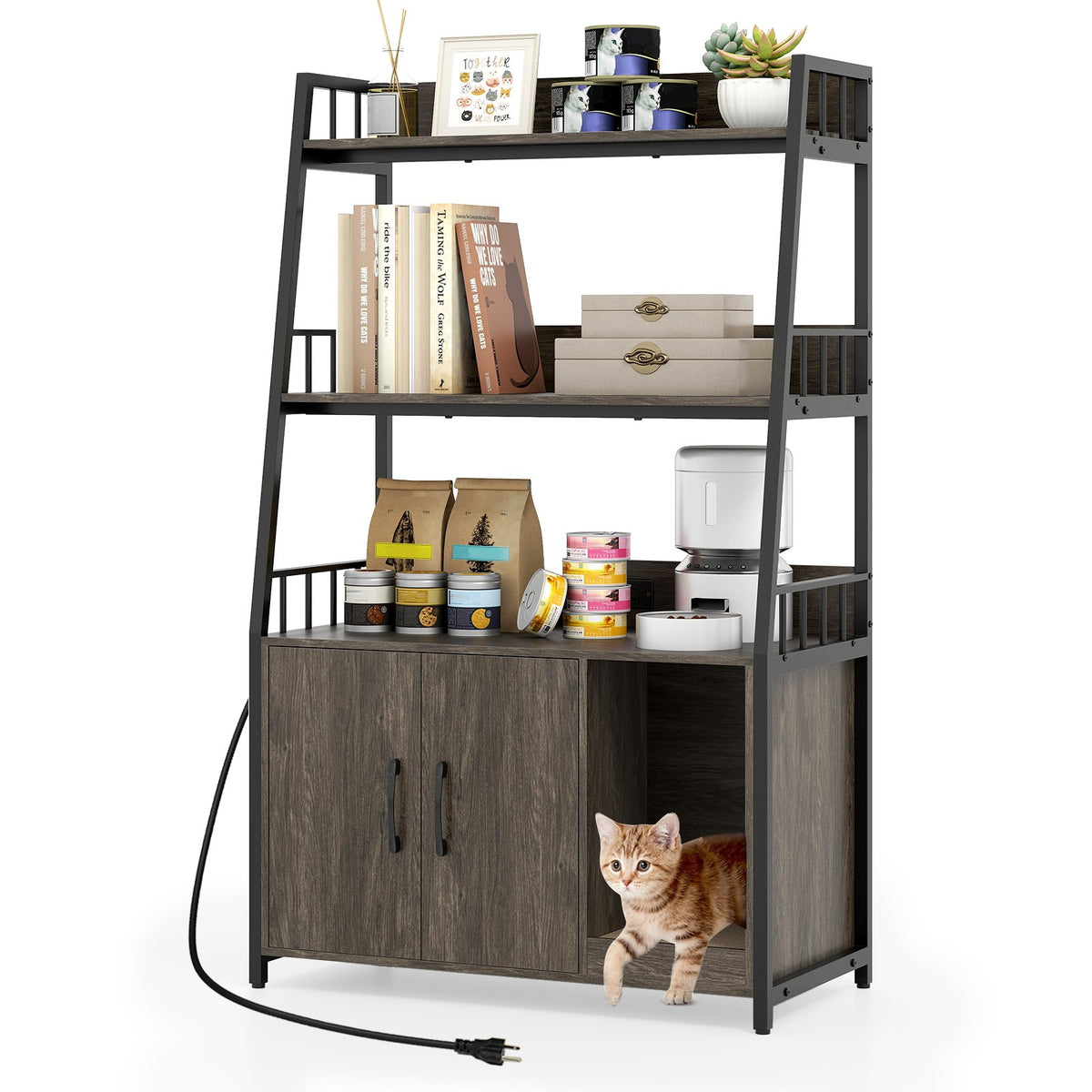 Cat Litter Box Enclosure with Storage Shelves and Scratching Pad-Gray