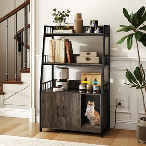 Cat Litter Box Enclosure with Storage Shelves and Scratching Pad-Gray view 3