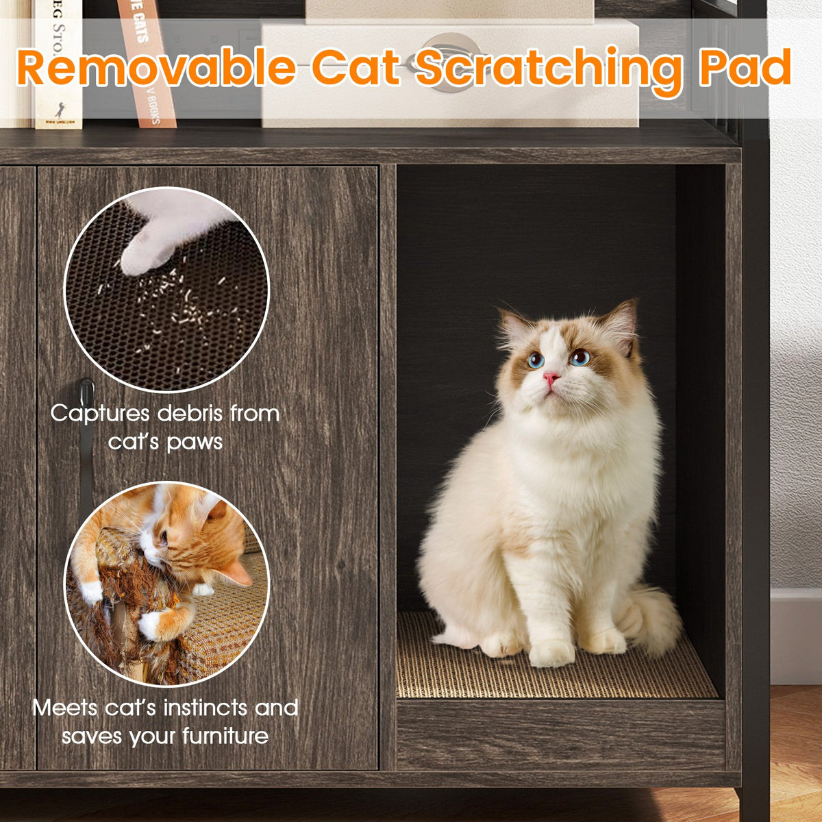 Cat Litter Box Enclosure with Storage Shelves and Scratching Pad-Gray view 8