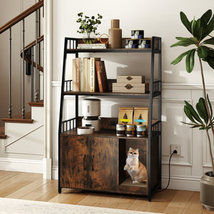 Cat Litter Box Enclosure with Storage Shelves and Scratching Pad-Rustic Brown view 3