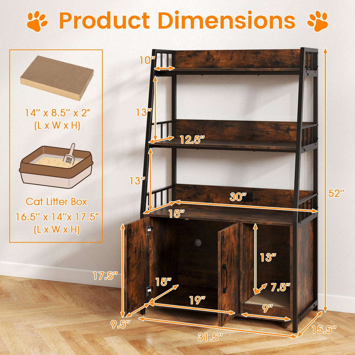 Cat Litter Box Enclosure with Storage Shelves and Scratching Pad-Rustic Brown view 4