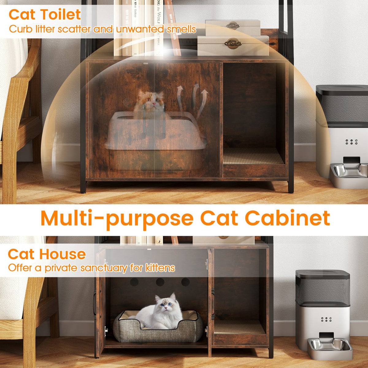 Cat Litter Box Enclosure with Storage Shelves and Scratching Pad-Rustic Brown view 5