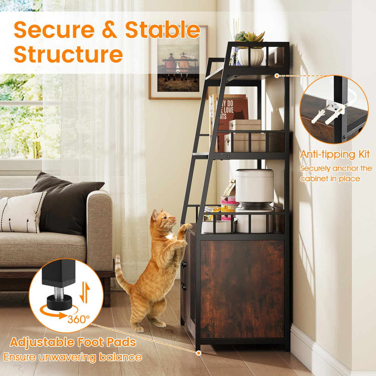 Cat Litter Box Enclosure with Storage Shelves and Scratching Pad-Rustic Brown view 7