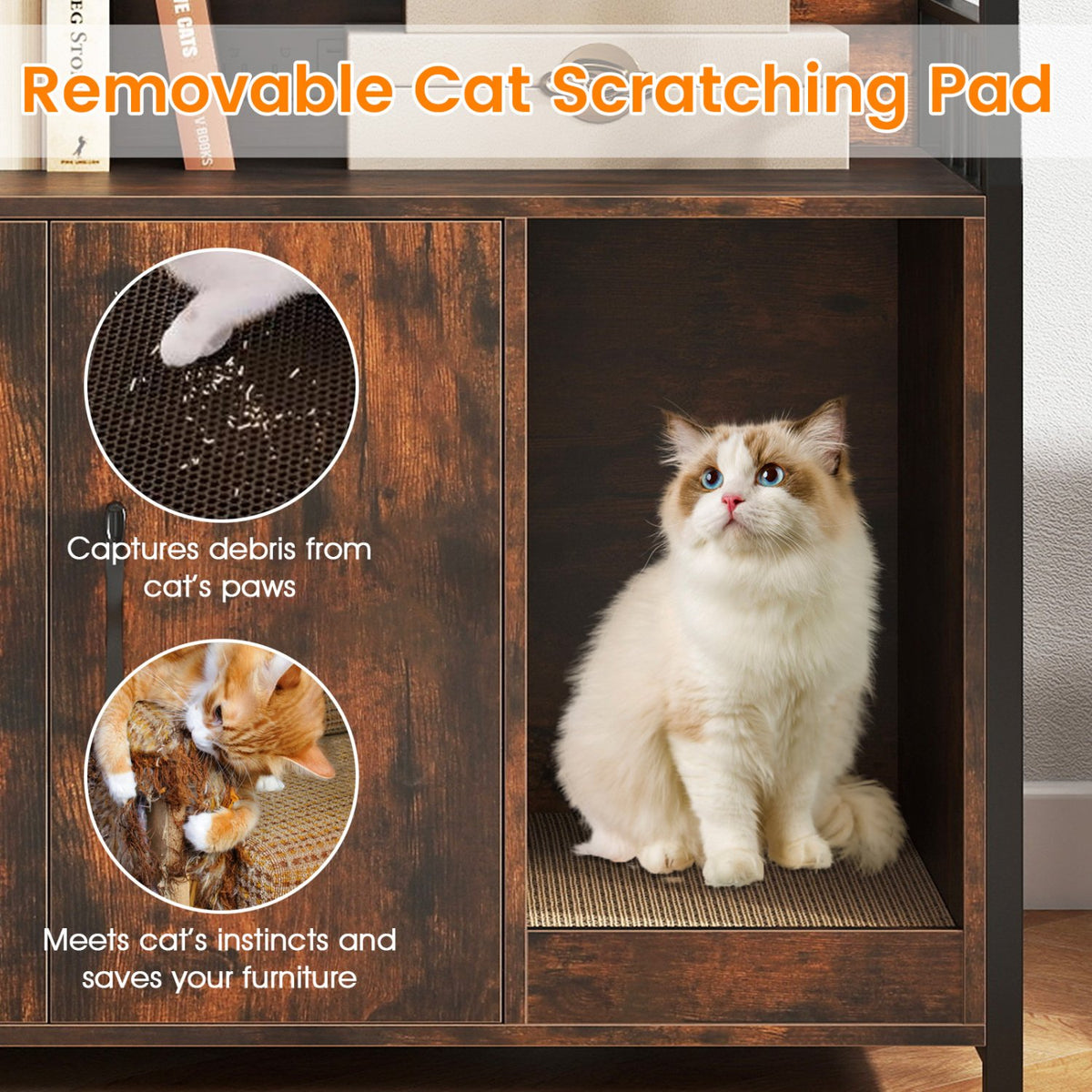 Cat Litter Box Enclosure with Storage Shelves and Scratching Pad-Rustic Brown view 8