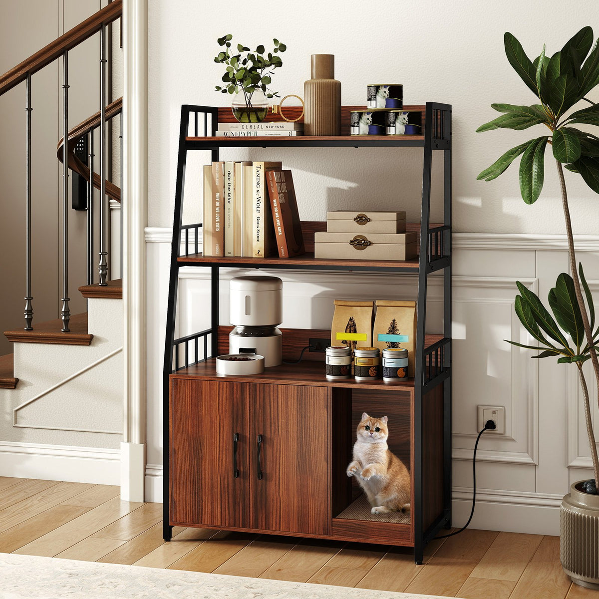 Cat Litter Box Enclosure with Storage Shelves and Scratching Pad-Walnut view 3