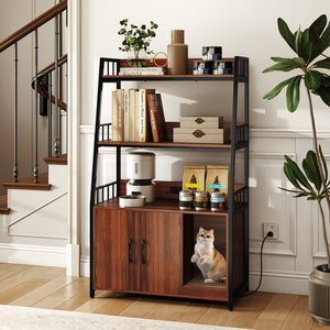 Cat Litter Box Enclosure with Storage Shelves and Scratching Pad-Walnut view 3