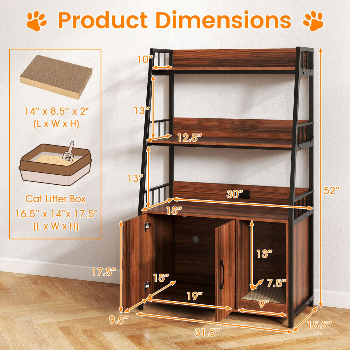 Cat Litter Box Enclosure with Storage Shelves and Scratching Pad-Walnut view 4