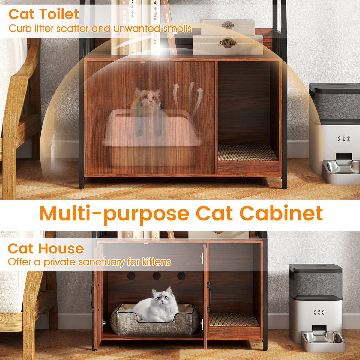 Cat Litter Box Enclosure with Storage Shelves and Scratching Pad-Walnut view 5