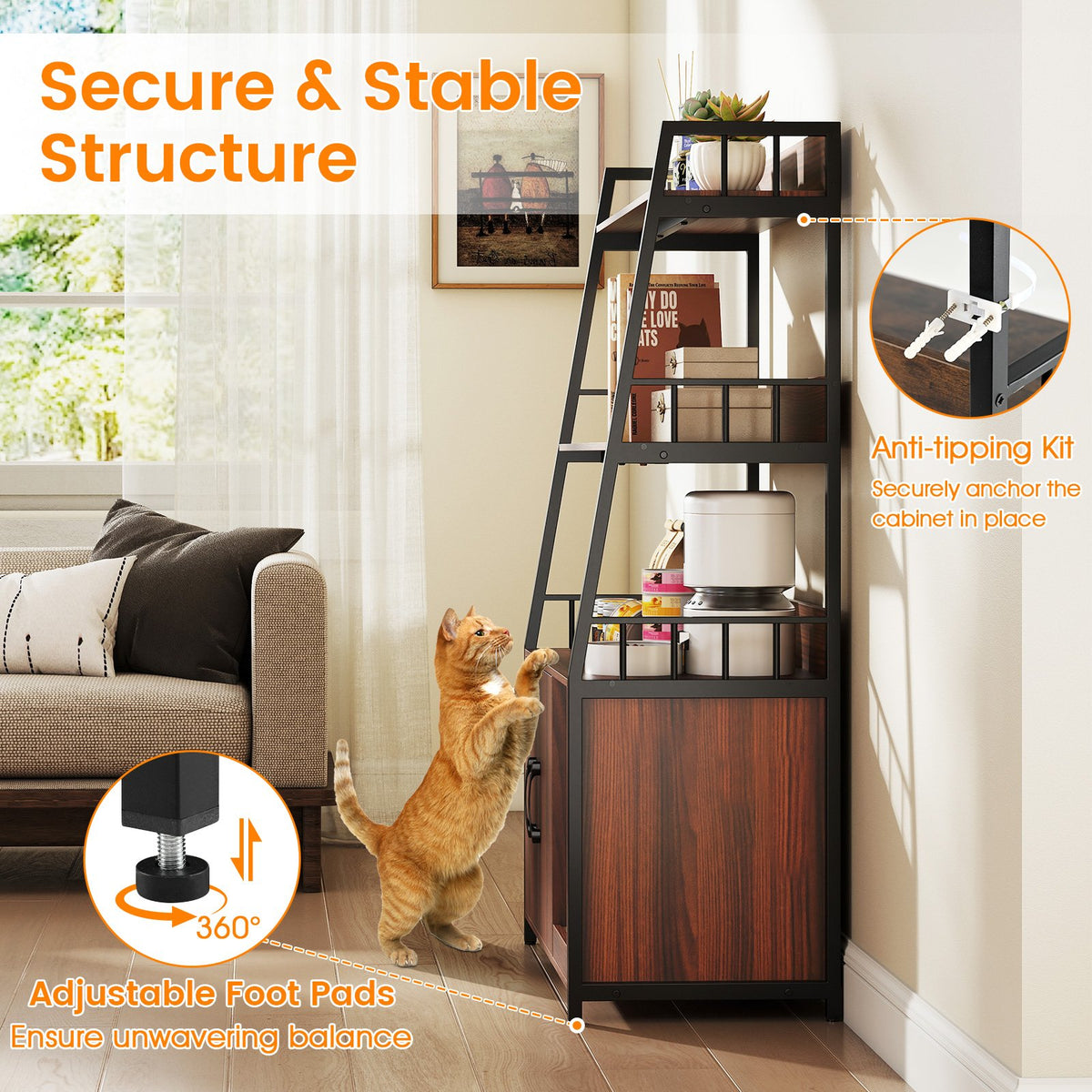Cat Litter Box Enclosure with Storage Shelves and Scratching Pad-Walnut view 7