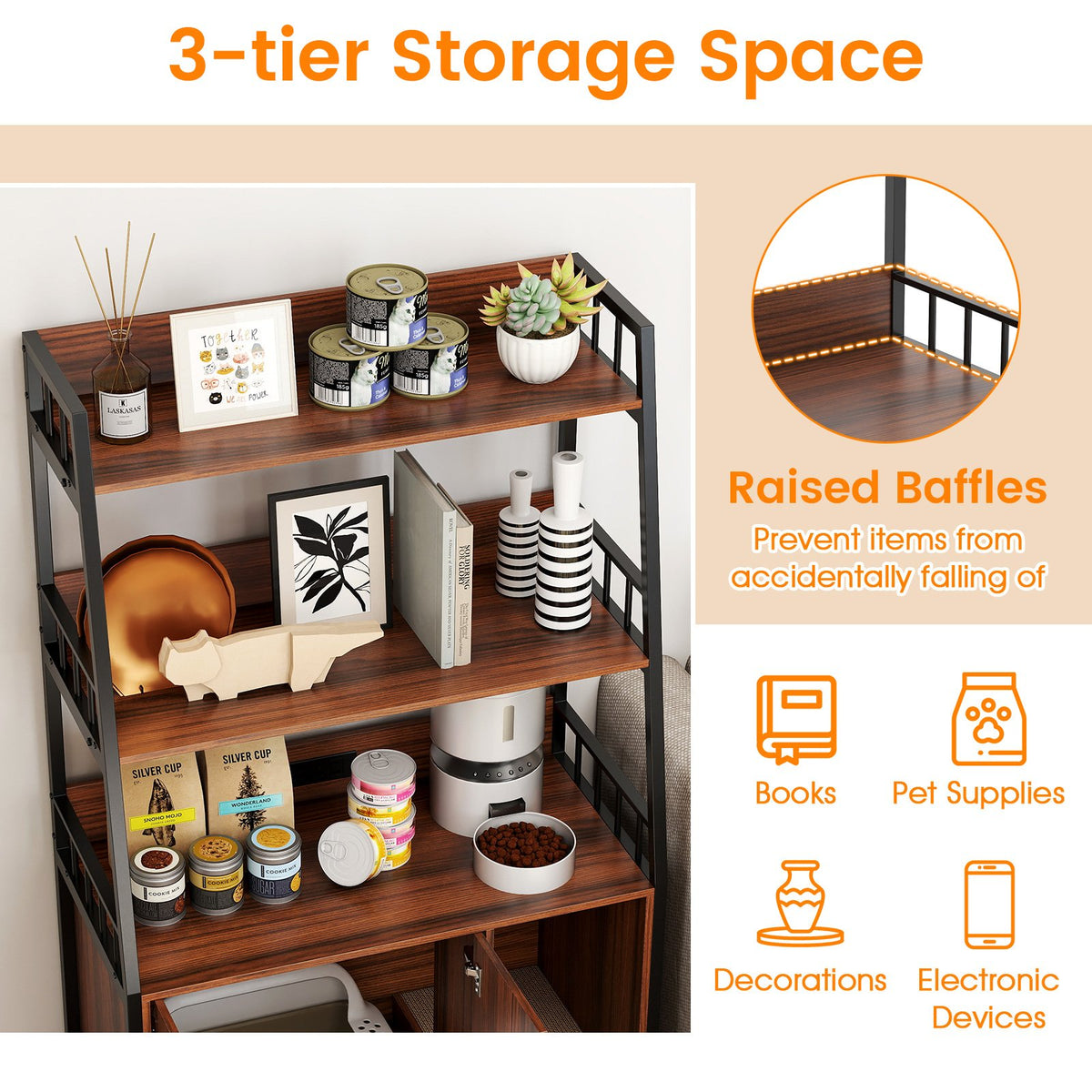 Cat Litter Box Enclosure with Storage Shelves and Scratching Pad-Walnut view 9