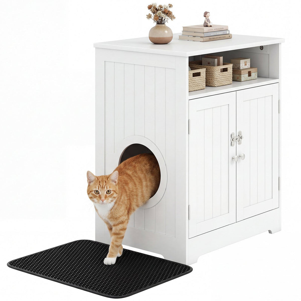 Cat Litter Box Enclosure Wooden Hidden Pet Washroom Furniture-White view 4