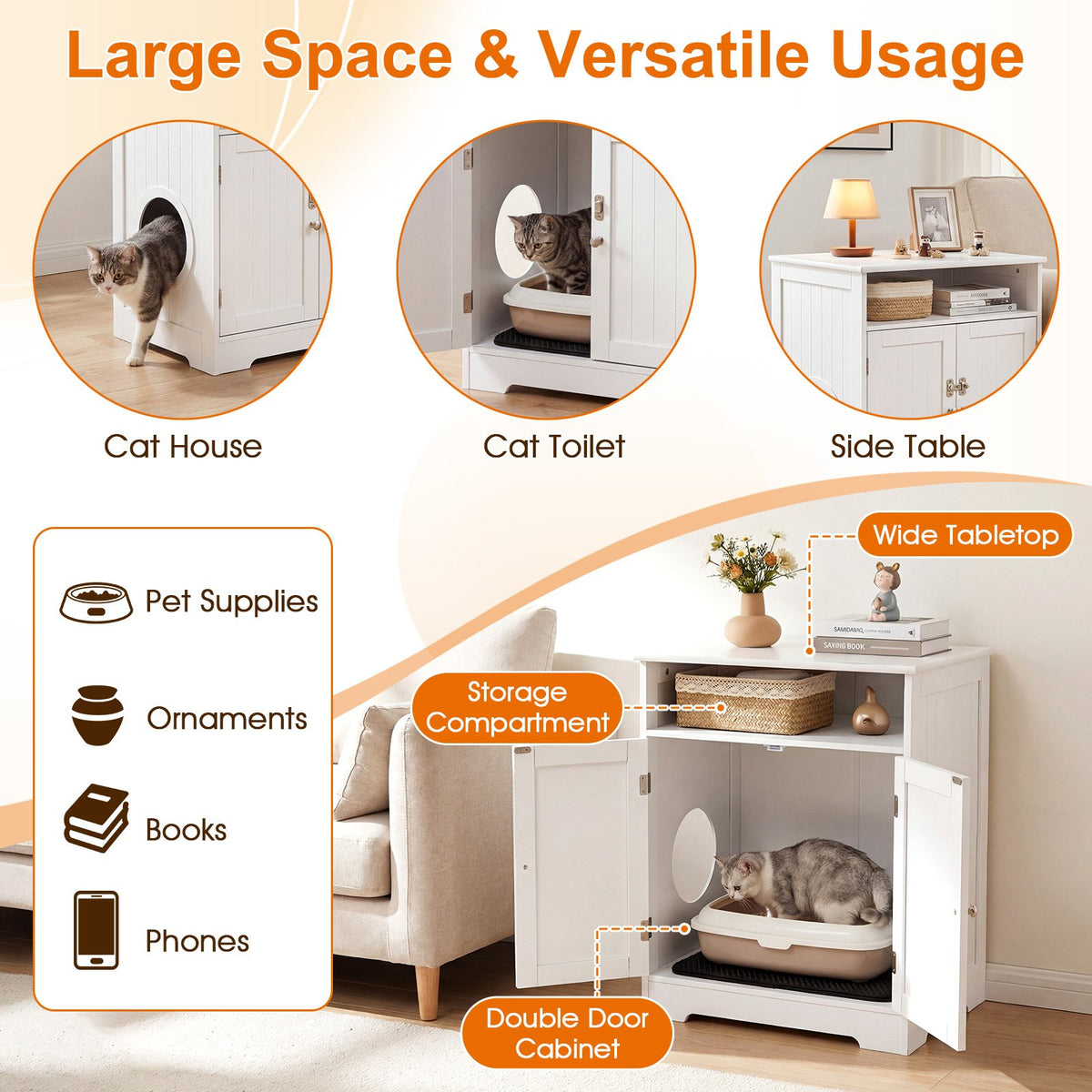 Cat Litter Box Enclosure Wooden Hidden Pet Washroom Furniture-White view 9