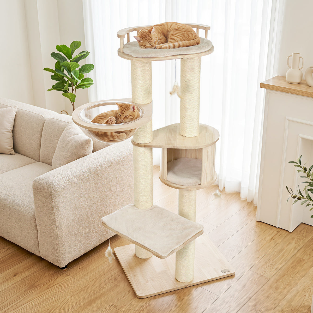 Cat Tree for Indoor Kittens, with Top Perch Condo Space and 3 Hanging Feather Toys-Beige view 2