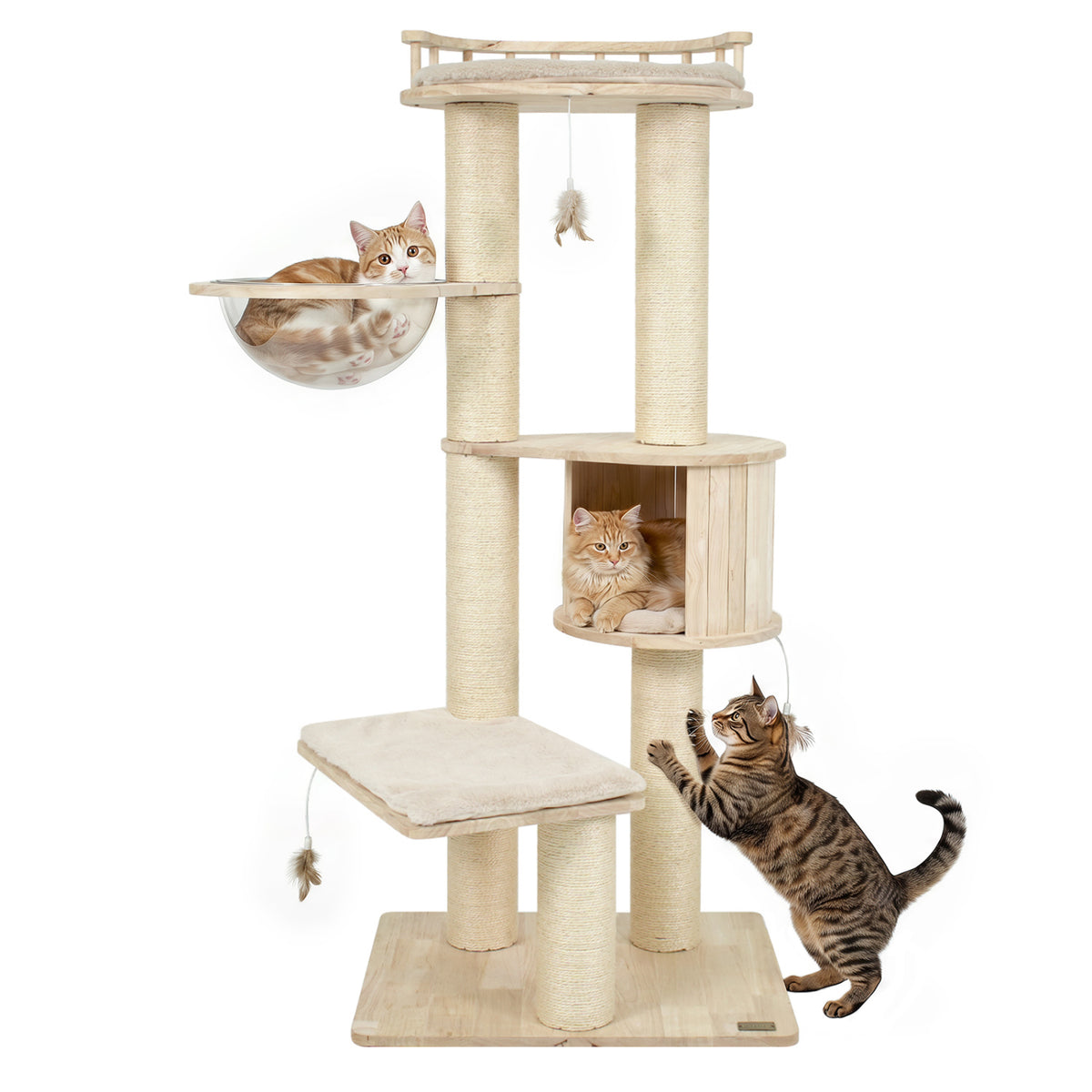 Cat Tree for Indoor Kittens, with Top Perch Condo Space and 3 Hanging Feather Toys-Beige view 4