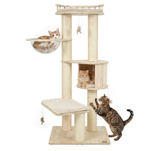 Cat Tree for Indoor Kittens, with Top Perch Condo Space and 3 Hanging Feather Toys-Beige view 4