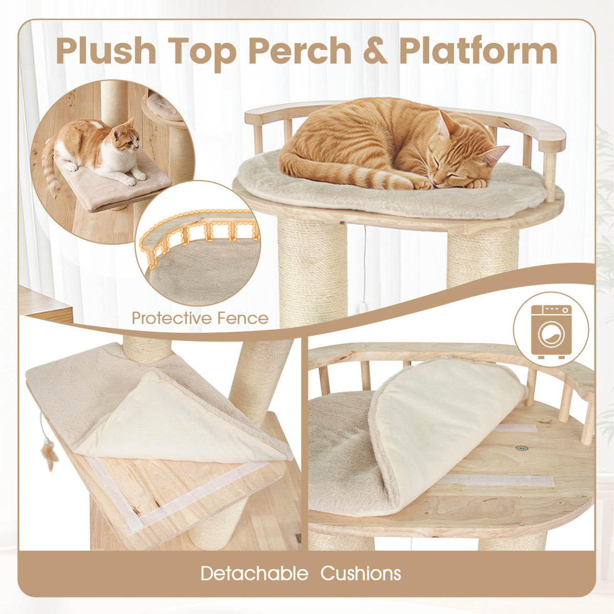 Cat Tree for Indoor Kittens, with Top Perch Condo Space and 3 Hanging Feather Toys-Beige view 7