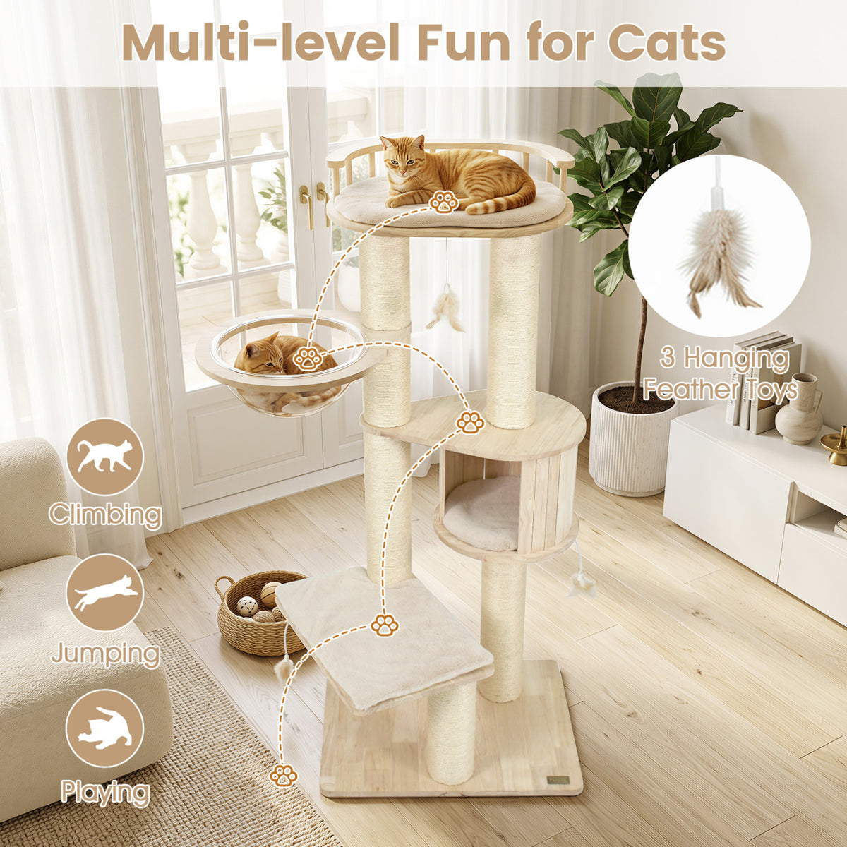 Cat Tree for Indoor Kittens, with Top Perch Condo Space and 3 Hanging Feather Toys-Beige view 9