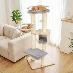 Cat Tree for Indoor Kittens, with Top Perch Condo Space and 3 Hanging Feather Toys-Gray view 2