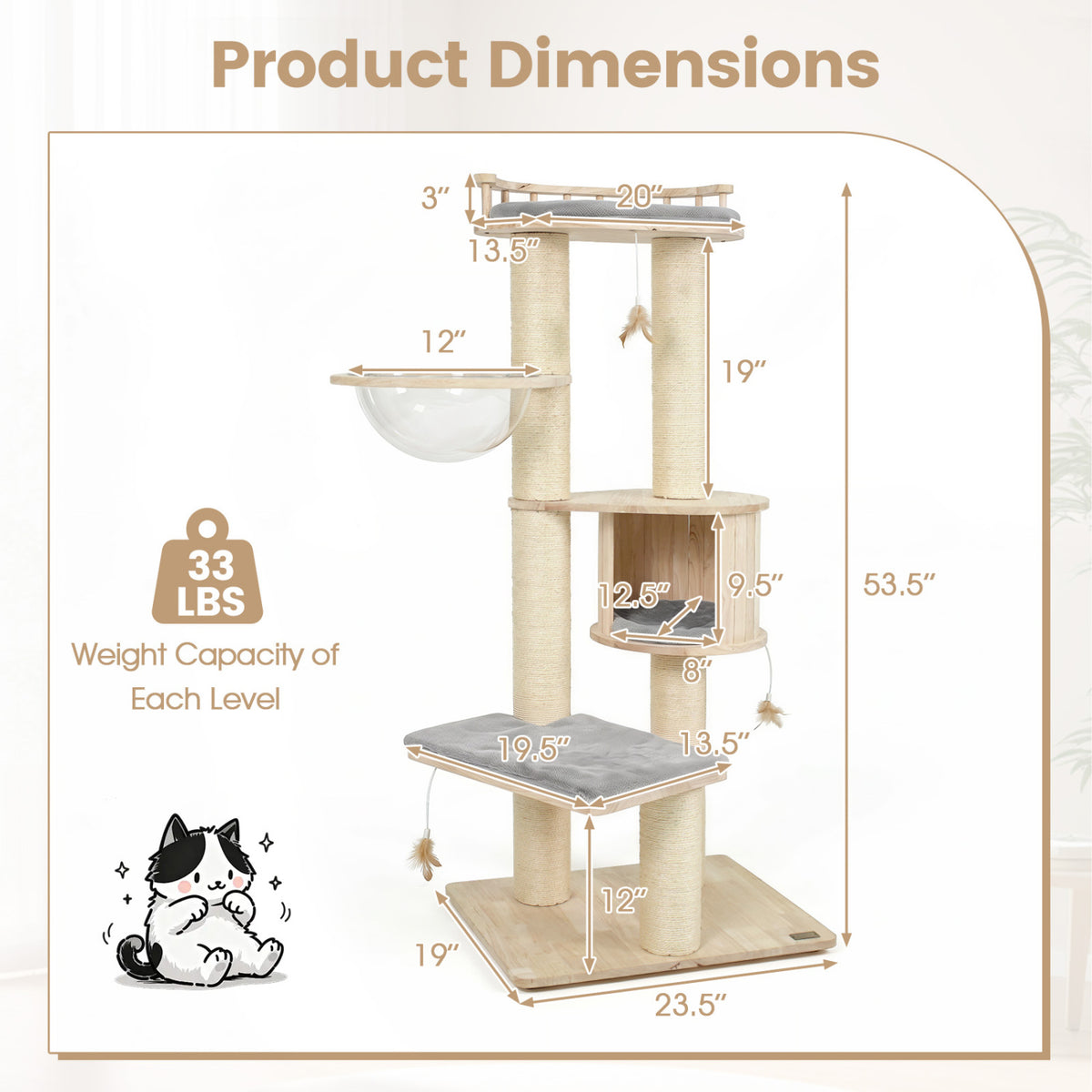 Cat Tree for Indoor Kittens, with Top Perch Condo Space and 3 Hanging Feather Toys-Gray view 5