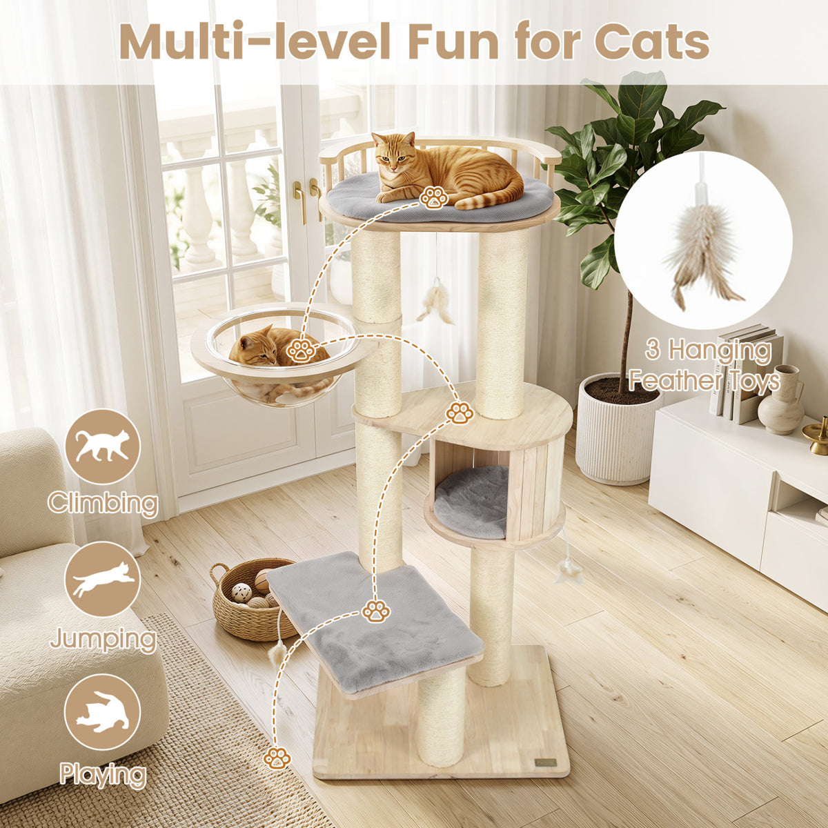 Cat Tree for Indoor Kittens, with Top Perch Condo Space and 3 Hanging Feather Toys-Gray view 9