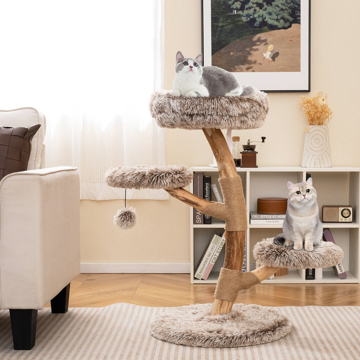 Cat Tree Solid Pear Wood with Perch and Natural Jute Scratching Posts-Brown view 3