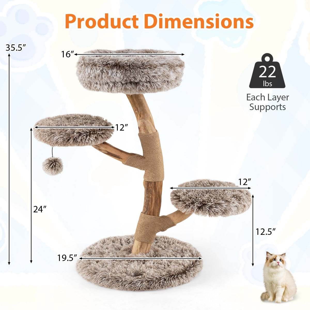 Cat Tree Solid Pear Wood with Perch and Natural Jute Scratching Posts-Brown view 5