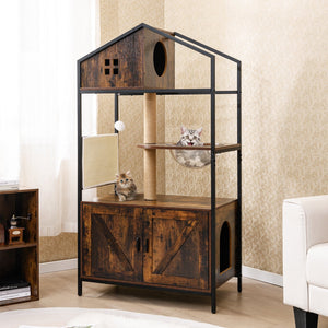 Cat Tree with Litter Box Enclosure Industrial Cat Tower Multi-level Cat Condo Furniture for Indoor Cats-Rustic Brown view 2