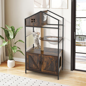 Cat Tree with Litter Box Enclosure Industrial Cat Tower Multi-level Cat Condo Furniture for Indoor Cats-Rustic Brown view 3