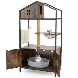 Cat Tree with Litter Box Enclosure Industrial Cat Tower Multi-level Cat Condo Furniture for Indoor Cats-Rustic Brown view 4