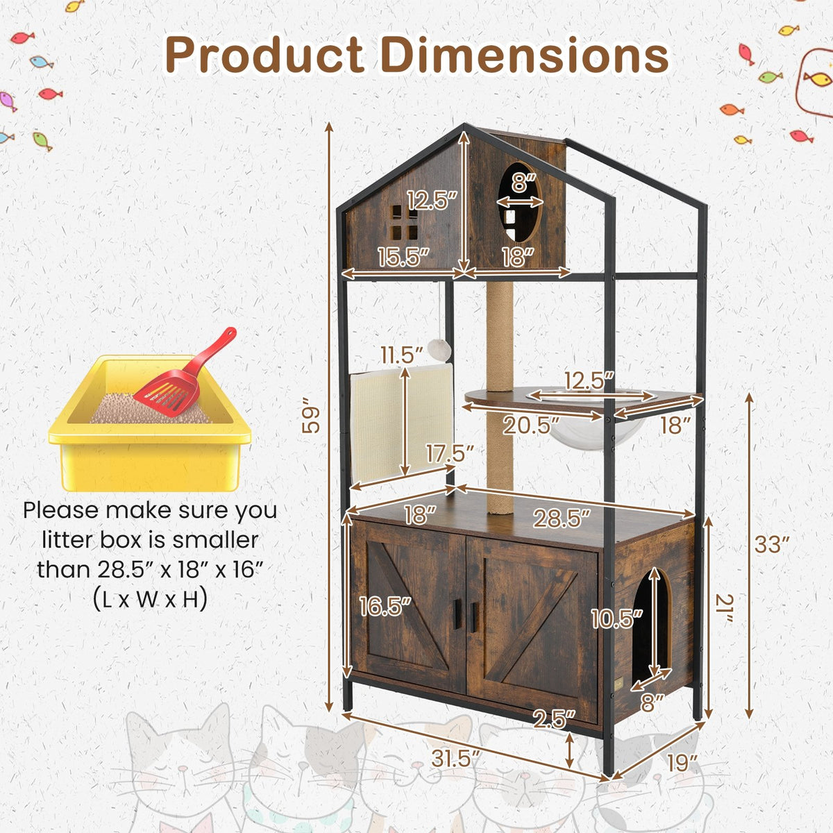 Cat Tree with Litter Box Enclosure Industrial Cat Tower Multi-level Cat Condo Furniture for Indoor Cats-Rustic Brown view 5