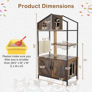 Cat Tree with Litter Box Enclosure Industrial Cat Tower Multi-level Cat Condo Furniture for Indoor Cats-Rustic Brown view 5