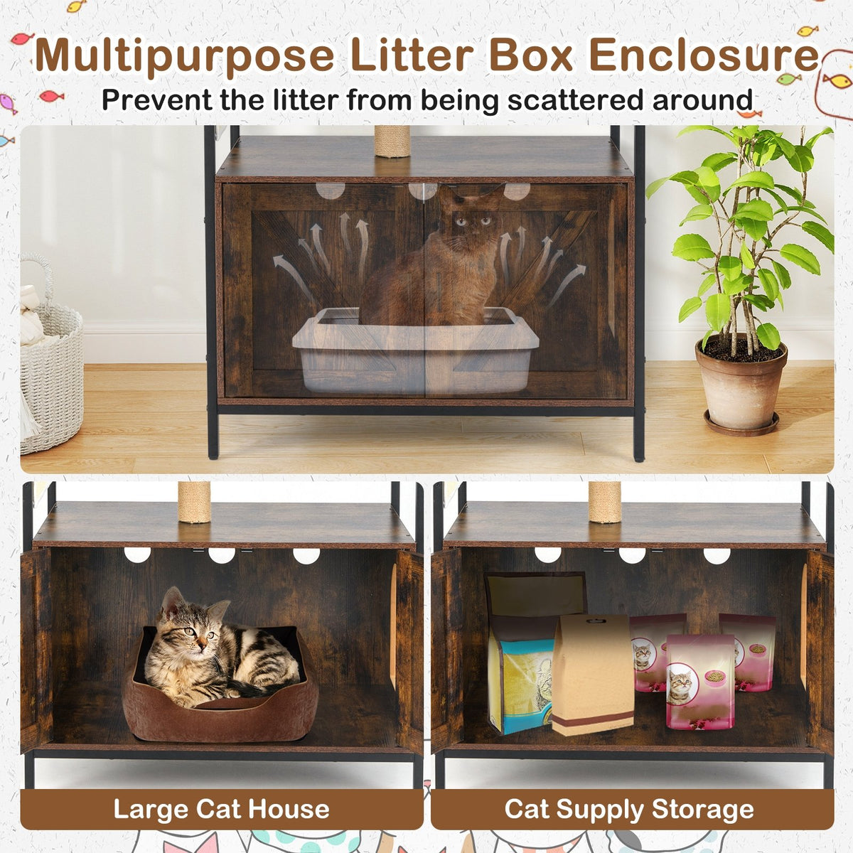 Cat Tree with Litter Box Enclosure Industrial Cat Tower Multi-level Cat Condo Furniture for Indoor Cats-Rustic Brown view 7