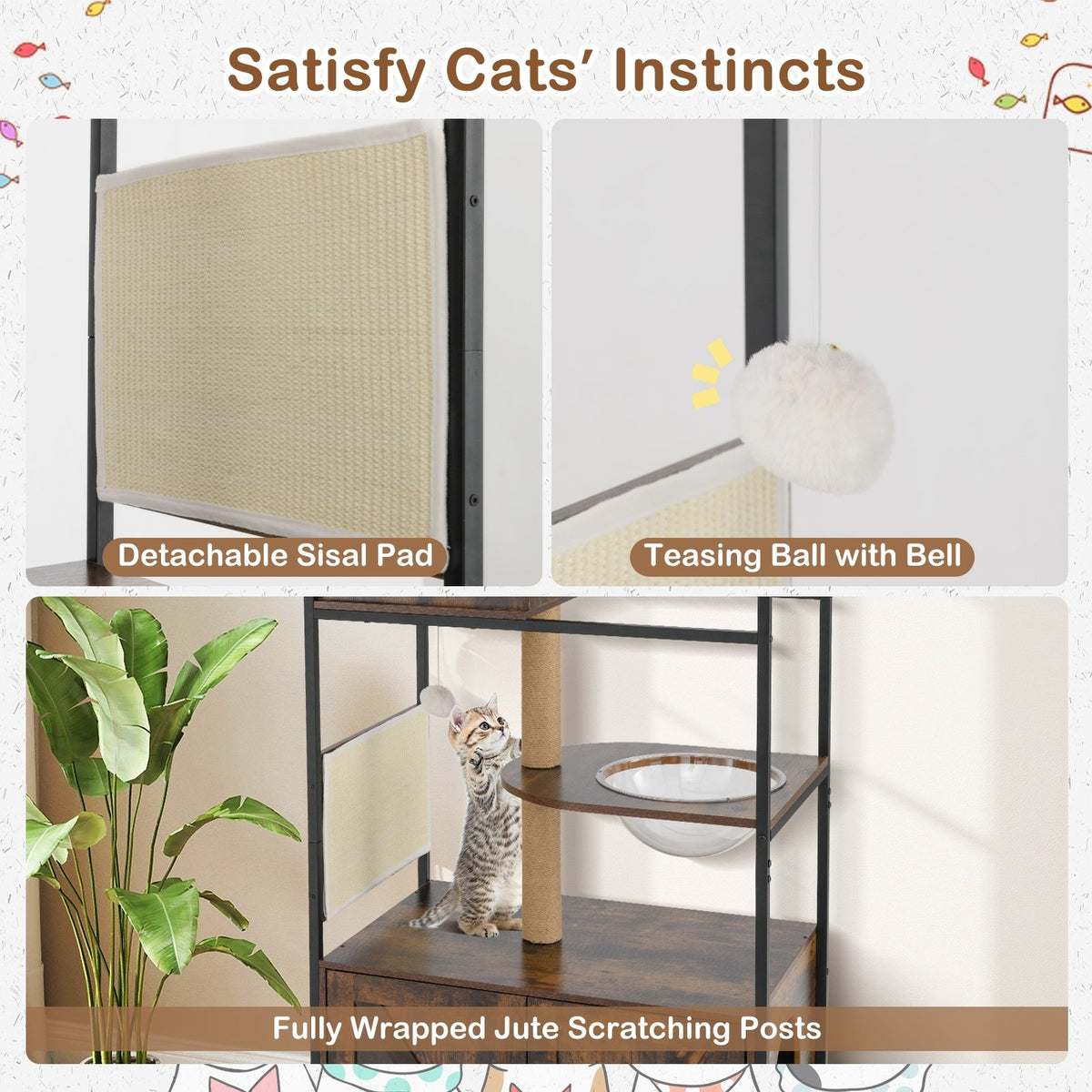 Cat Tree with Litter Box Enclosure Industrial Cat Tower Multi-level Cat Condo Furniture for Indoor Cats-Rustic Brown view 9