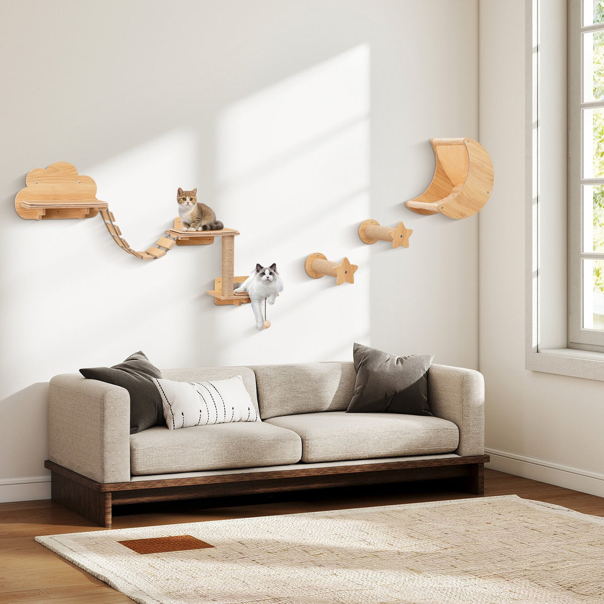 Cat Wall Furniture Set Kitten Wall Mounted Shelves with Hammock-Natural view 2