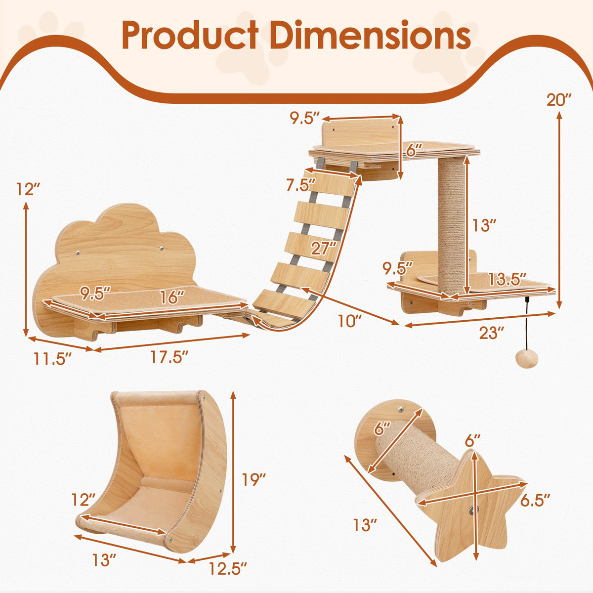 Cat Wall Furniture Set Kitten Wall Mounted Shelves with Hammock-Natural view 3