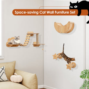 Cat Wall Furniture Set Kitten Wall Mounted Shelves with Hammock-Natural view 4