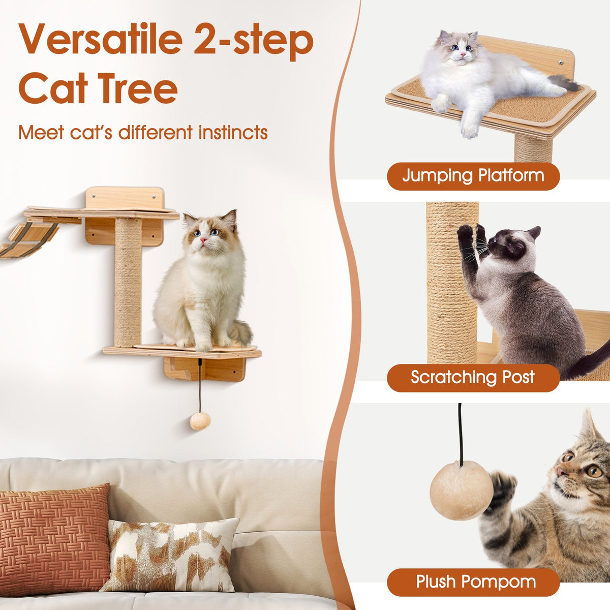 Cat Wall Furniture Set Kitten Wall Mounted Shelves with Hammock-Natural view 7
