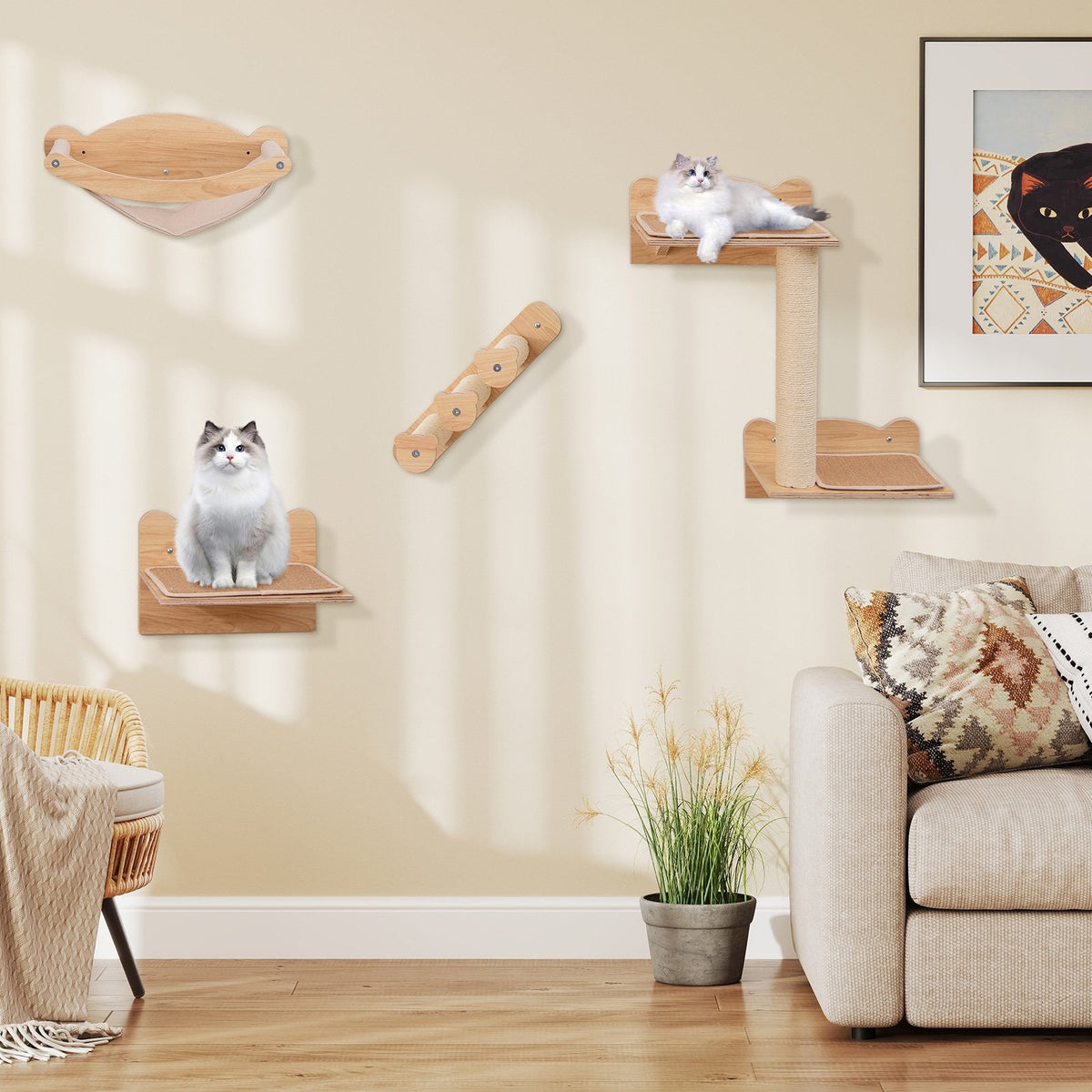 Cat Wall Furniture Set of 4 with Hammock 2-step Cat Tree and Perch-Natural view 2