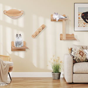 Cat Wall Furniture Set of 4 with Hammock 2-step Cat Tree and Perch-Natural view 2