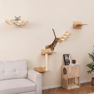 Cat Wall Furniture Set of 4 with Hammock 2-step Cat Tree and Perch-Natural view 3