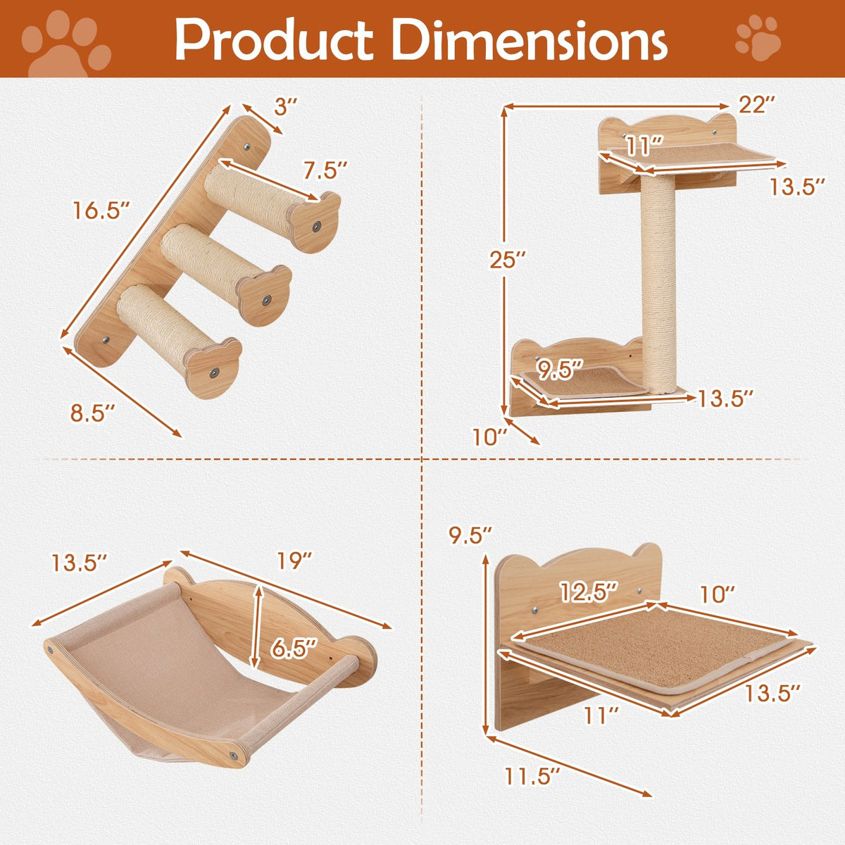Cat Wall Furniture Set of 4 with Hammock 2-step Cat Tree and Perch-Natural view 4