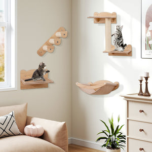 Cat Wall Furniture Set of 4 with Hammock 2-step Cat Tree and Perch-Natural view 5